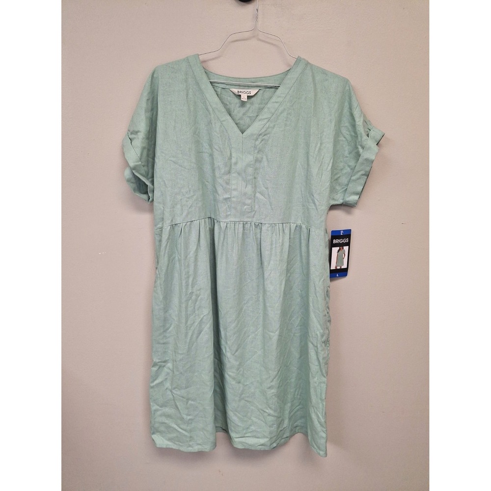 Briggs Womens Linen Blend Dress, Rolled Sleeve With Pockets, Green, Large, New
